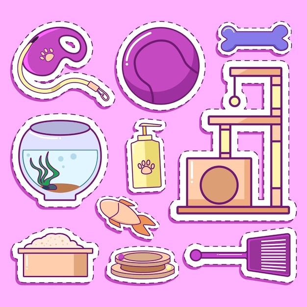 Pet Equipment and Stuff Cute Sticker Set Illustration