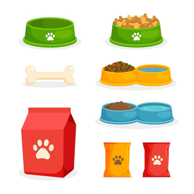 Vector pet food set dog or cat bowl with treats packaging advertising doggy bone vector illustration