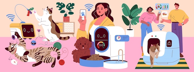 pet gadgets illustration showcases various innovative devices for pets enhancing their playtime and