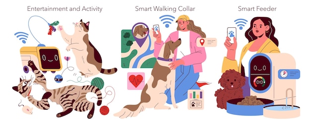 pet gadgets for modern animal care and entertainment this illustration features playful cats and