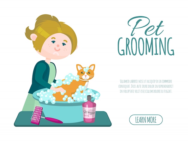 ペットグルーミングビジネス。グルーマー少女はシャンプーでかわいい生g猫を洗っています。ペットグルーミングの広告バナー。