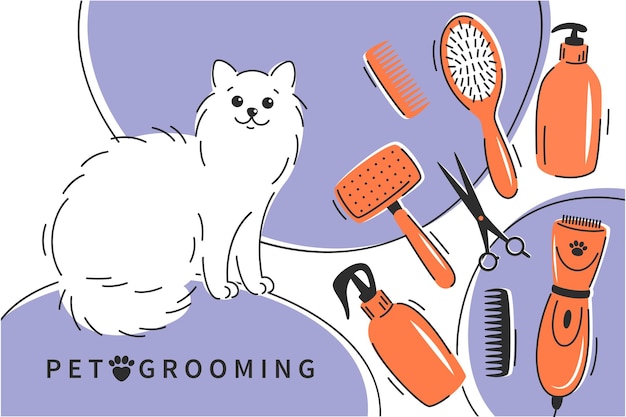 Vector pet grooming cartoon cute cat with different tools for animal hair grooming haircuts bathing