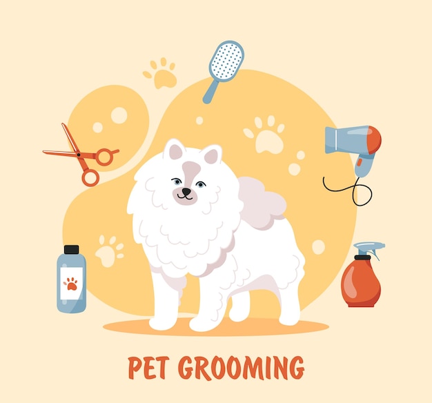 Vector pet grooming concept cute dog next to scissors and hair dryer animal was brought for haircut and