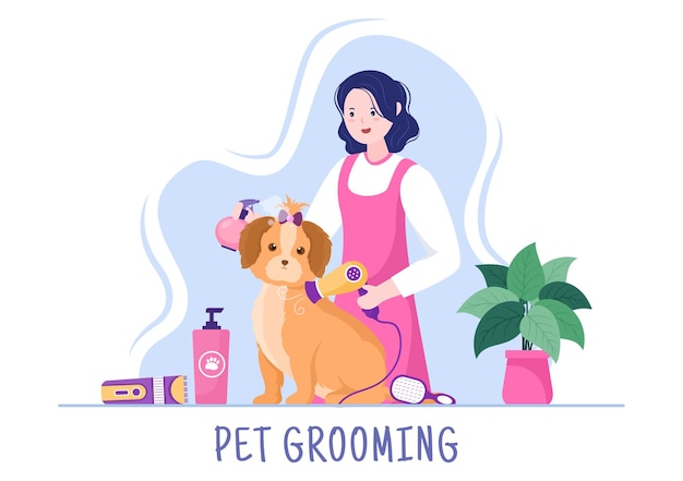 Pet grooming for dogs and cats in flat cartoon hand drawn background illustration. the main tools which are used in beauty salon for poster or banner