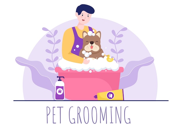 Pet grooming per cani e gatti in un fumetto piatto disegnato a mano illustrazione dello sfondo. gli strumenti principali che vengono utilizzati nel salone di bellezza per poster o banner