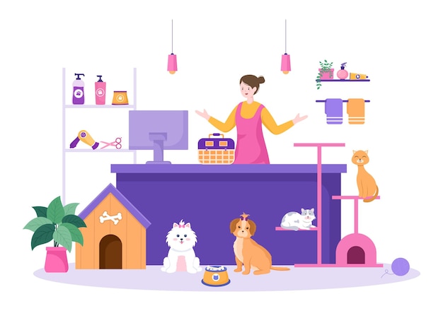 Pet Grooming for Dogs and Cats in Flat Cartoon Hand drawn Background Illustration. The Main Tools Which are used in Beauty Salon for Poster or Banner