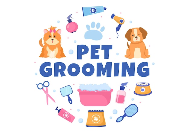 Vector pet grooming for dogs and cats in flat cartoon hand drawn background illustration. the main tools which are used in beauty salon for poster or banner