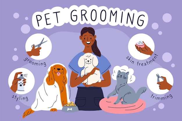 Pet grooming service poster Animals beauty salon Cartoon pretty dogs and cats Professional hair care Washing fur and claws cut Woman with kittens and puppies Garish vector concept