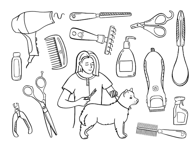 Set di grooming per animali domestici salone per animali stile doodle animale e personaggio disegnato a mano illustrazione vettoriale