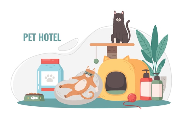 Vector pet hotel cartoon composition with medical and cleaning items and domestic animals enjoying comfort life vector illustration