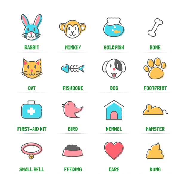 pet line icons with flat colors