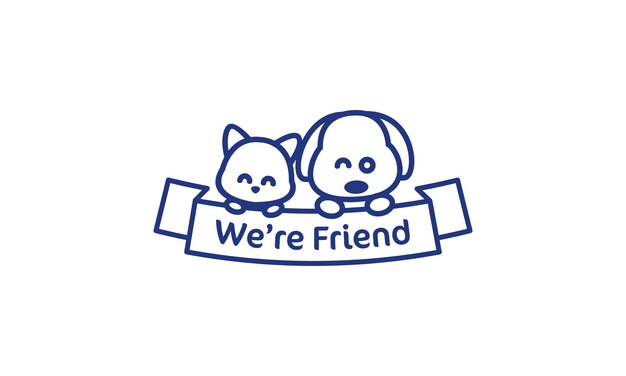 Logo dell'animale domestico con gatto e cane in colore blu e bianco con le parole che siamo amici