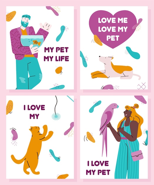 Vettore set di carte d'amore per animali domestici e proprietario gatto cane e cartone animato persone che tengono pappagallo e pesce
