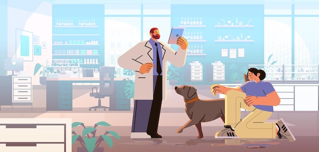 Pet owner visiting veterinarian doctor checking up dog health medicine animal health care examination in modern veterinary medical center concept horizontal vector illustration