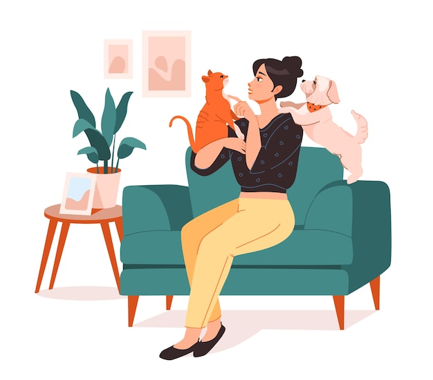 Pet owner A young woman is sitting on a chair and playing with her pets Flat vector illustration