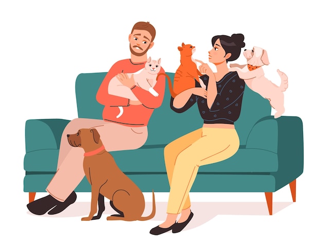 Вектор Владельцы домашних животных молодая пара сидит на диване со своими питомцами кошки и собаки на диване