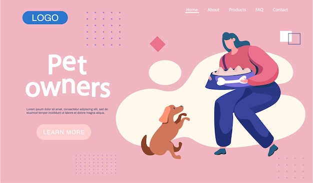 Pet owners landing page template Happy woman feeding the dog food funny girl training a puppy