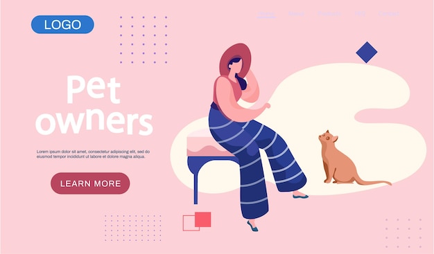 Pet owners landing page template Happy woman in hat talking to a cat Female is having leisure spend time with domestic animal cute ginger kitty Girl is walking with kitten animal care concept