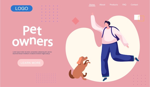 Pet owners landing page template Happy woman playing with dog funny girl jumping training a puppy