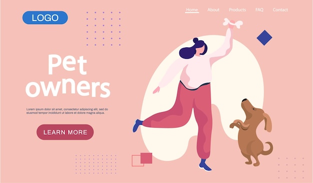 Vector pet owners landing page template happy woman playing with pet funny girl jumping training a puppy