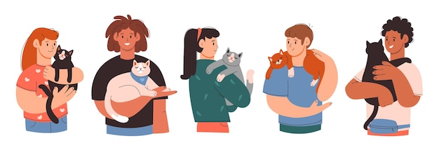 Pet owners Men and women with cats People with their cute pets Cartoon flat vector set