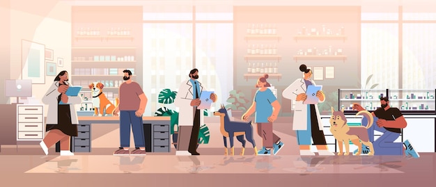 pet owners visiting veterinarian doctors checking up dog health medicine animal health care examination in modern veterinary medical center concept horizontal vector illustration