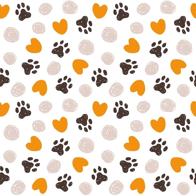 Vector pet paw print seamless pattern with circles and hearts hand drawn textured cat dog vector background