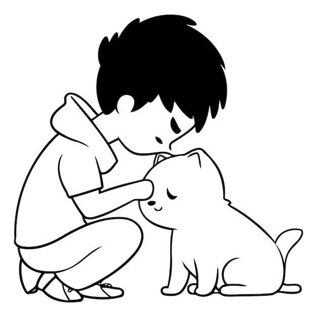 ベクトル ペット 犬 犬 幼い 友達 幼い 愛する 子 猫 人 少年 動物 漫画 幸せ 性格 イラスト 若い 幸せ