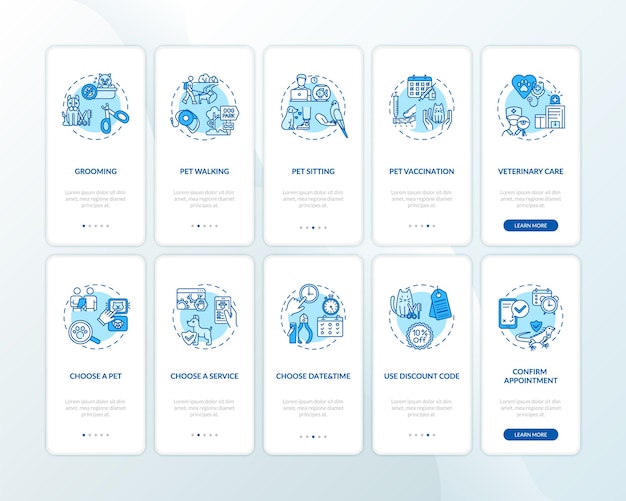Pet services onboarding mobile app page screen with concepts set