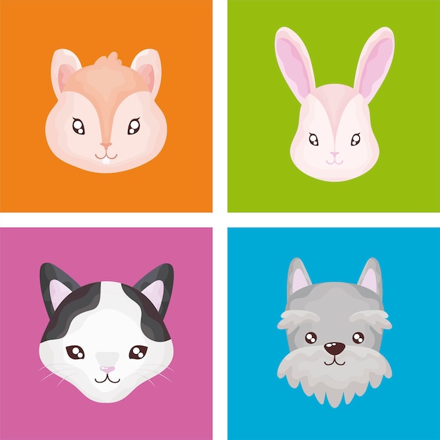 Pet set icons, cat dog rabbit hamster color background  illustration