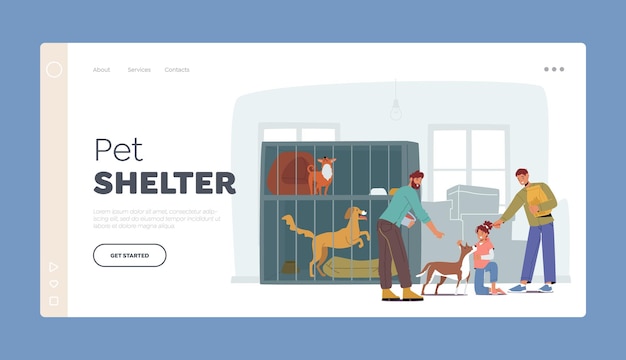 Vector pet shelter landing page template dad with kids visit adoption center for stray or homeless animals vector illustration