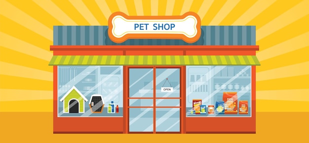 Vector pet shop building with products and equipments inside the store