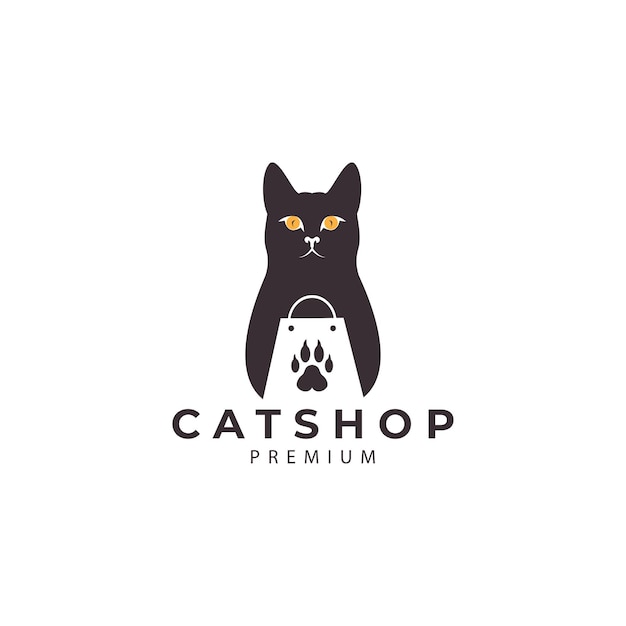 Negozio di animali domestici gatto e borse della spesa logo animali domestici per il disegno di illustrazione vettoriale adesivo di marca
