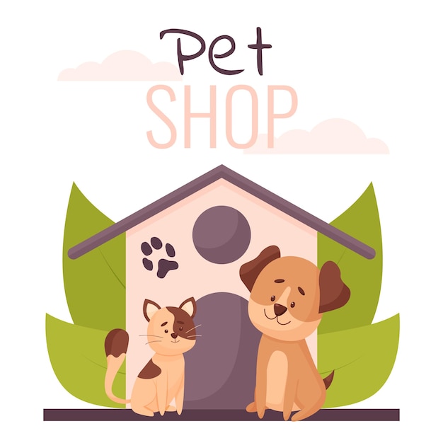 Pet shop concept. dog and cat house. flat illustration in cartoon style.