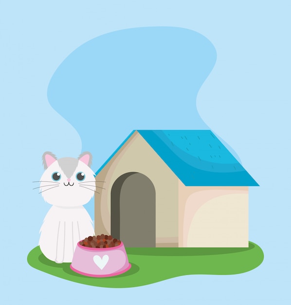 Vector pet shop, cute cat sitting with house and food bowl animal domestic cartoon