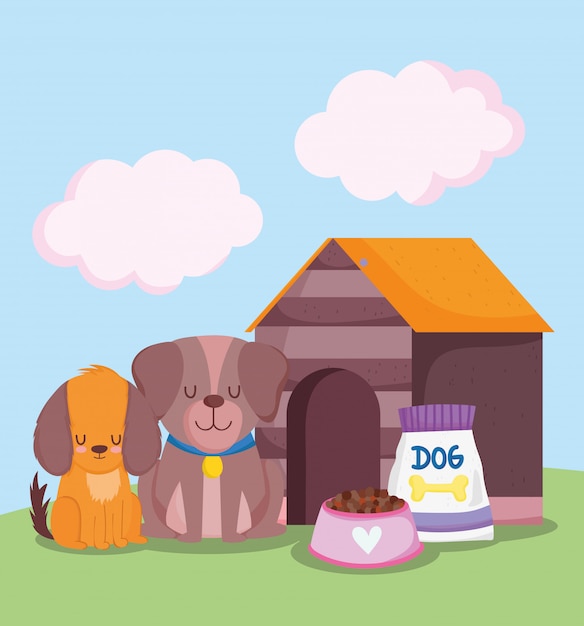 Vector pet shop, cute dogs sitting near house and food animal domestic cartoon