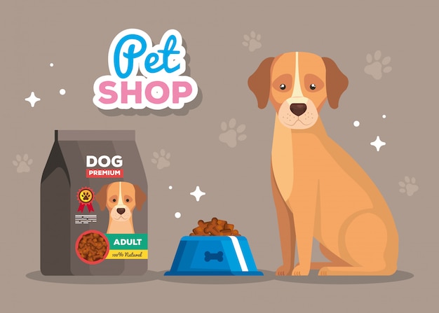 pet shop and dog animal with dish food