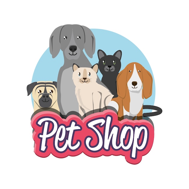 Vector pet shop group of domestics animals