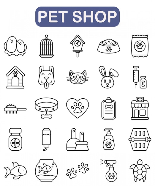 Pet shop icons set, outline style premium