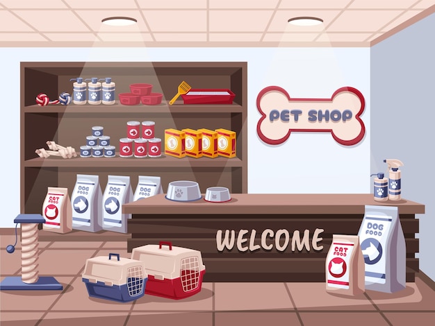 Vector pet shop interior shelves with animal care products food for dogs and cats store interior vector illustration