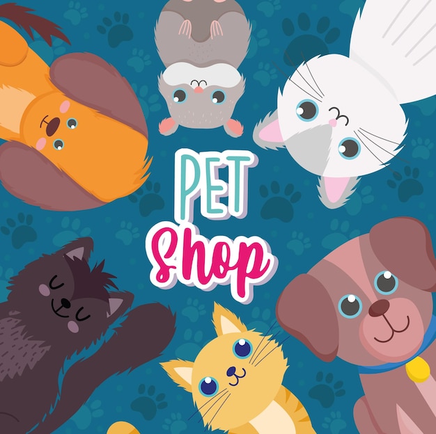 Pet shop, little dogs cats hamster cartoon vector illustration