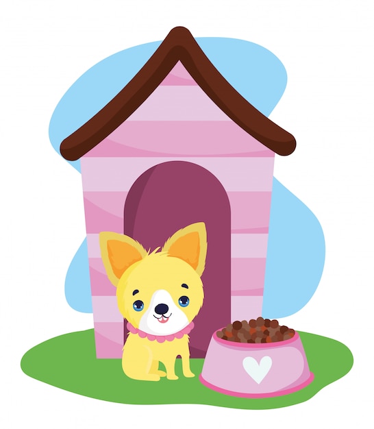 Вектор Зоомагазин, маленький домик для щенков и миска с домашним мультфильмом о животных