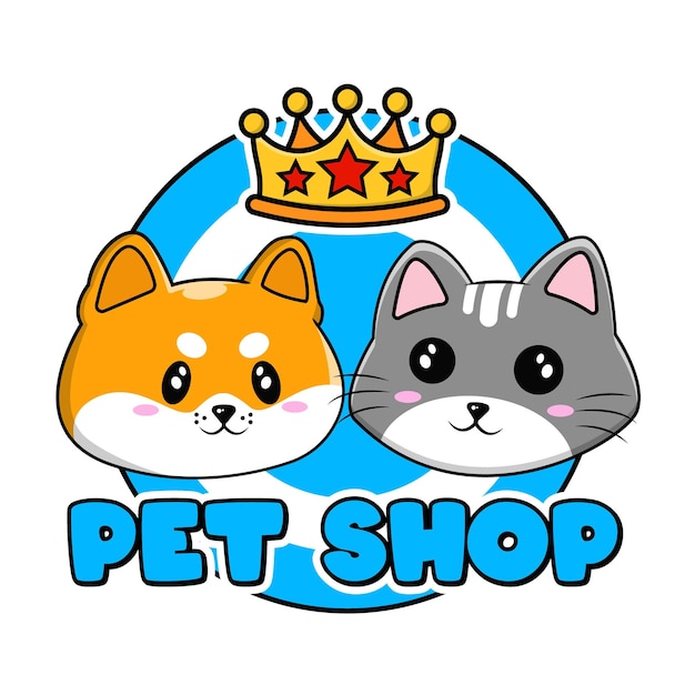 Pet shop logo cute character dog and cat crown cartoon mascot design illustration