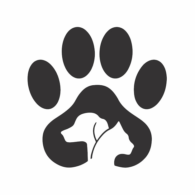 Pet shop logo design met hond en kat in het midden van dog paws animal stencil vectorillustratie