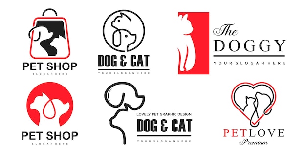 Design del logo del negozio di animali con l'utilizzo del modello vettoriale del set di icone di cane e gatto