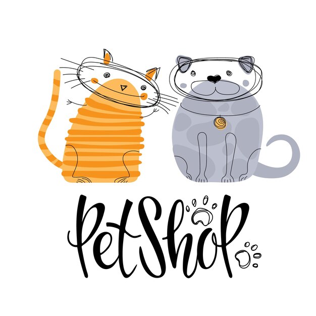 Pet Shop logo. Domestic Cat and dog linear icons. Hand written Calligraphy Lettering Template