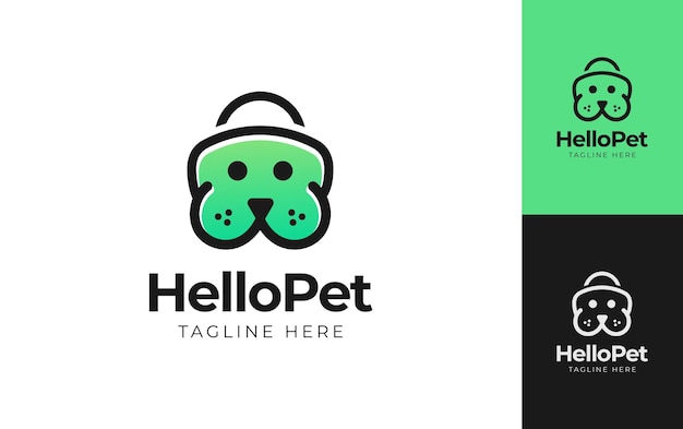 Pet Shop-logo met combinatie van hondengezicht en boodschappentas