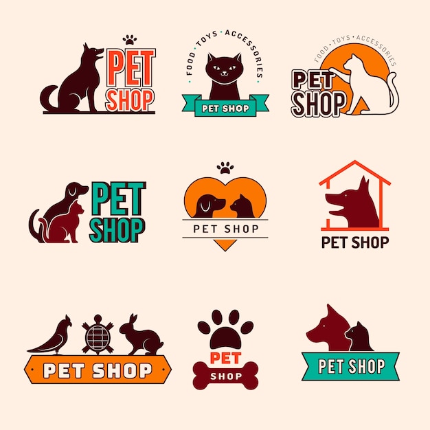 Vector pet shop logo zoo market emblems dog cats and other domestic animals silhouettes for badges design projects recent vector templates with place for text illustration of pet logo market