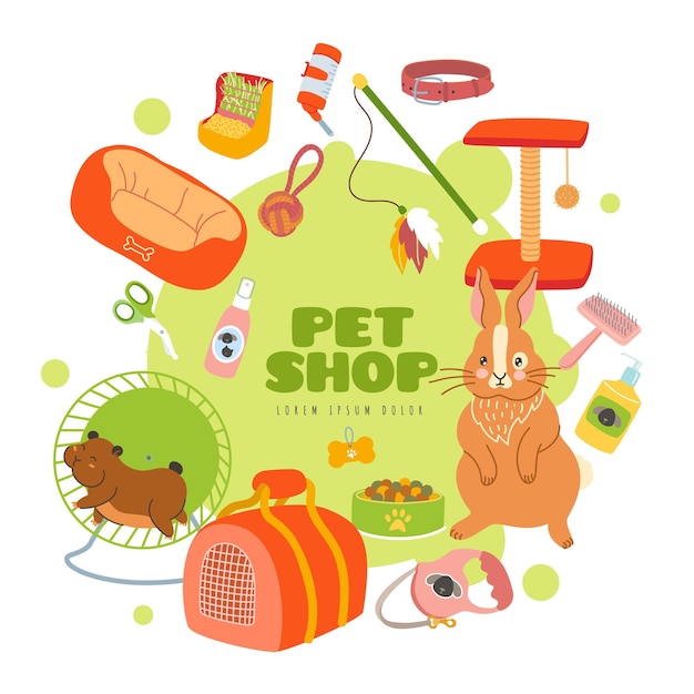 Vector pet shop products domestic animals care tools zoomarket elements vet store toys or carrier scratching post for cats food and collar with leash rabbit and hamster vector concept