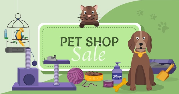 Pet shop sale banner or hedder for website with domestic animals and care accessories zoo store dis